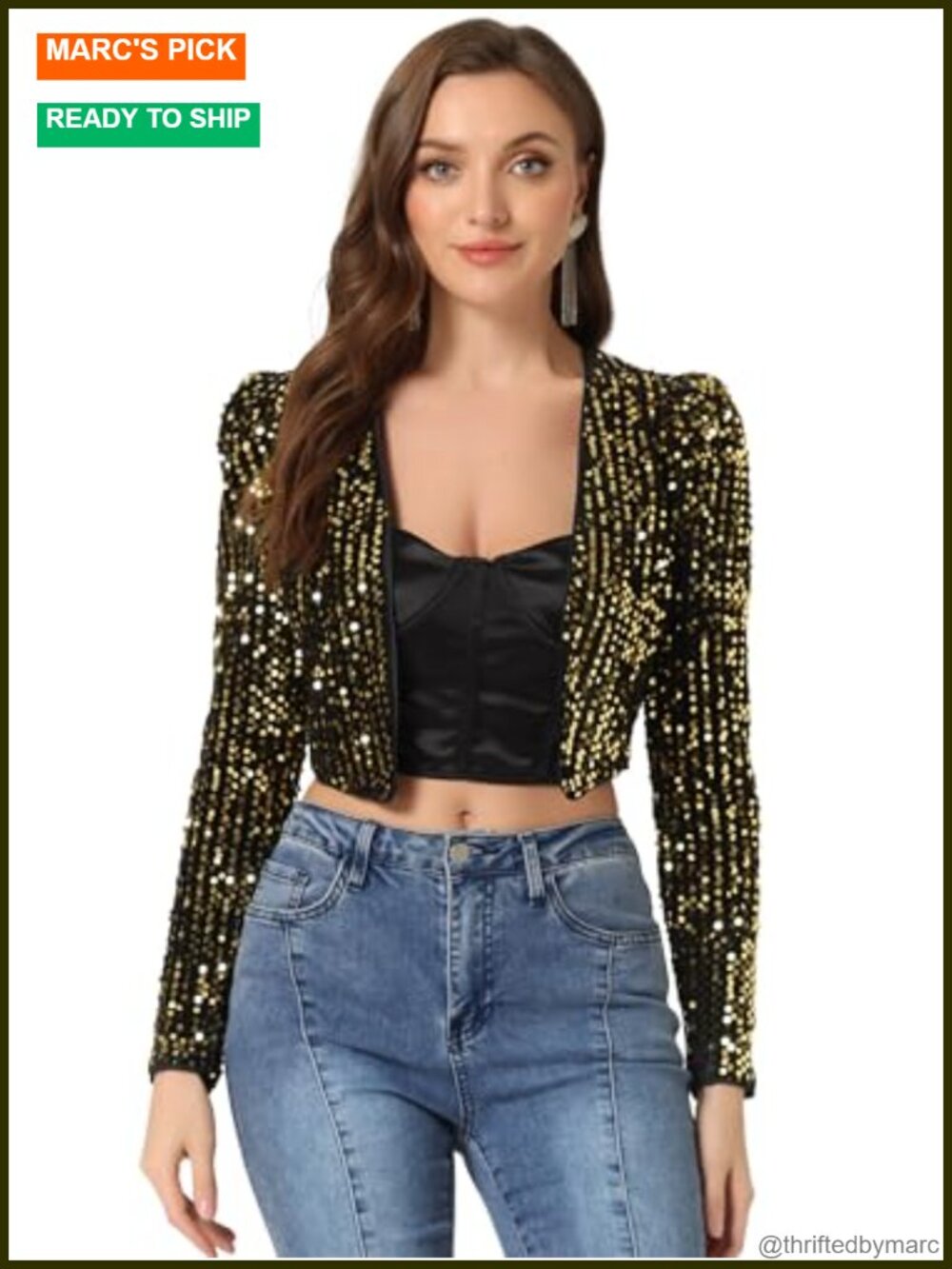Sequin Cropped Bolero Blazer Puff Shoulder Open Front Party Cardigan